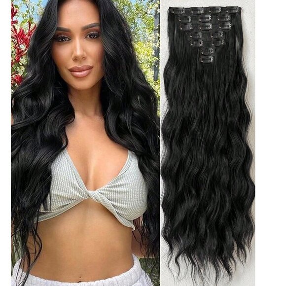 Human hair blend long Water Wave black Clip in Hair Extensions Set - Picture 1 of 11